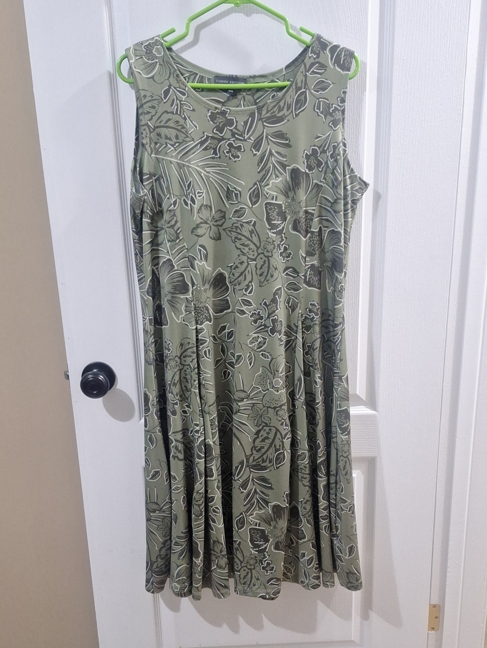 Olive Green Floral Midi Dress - Sleeveless A-Line